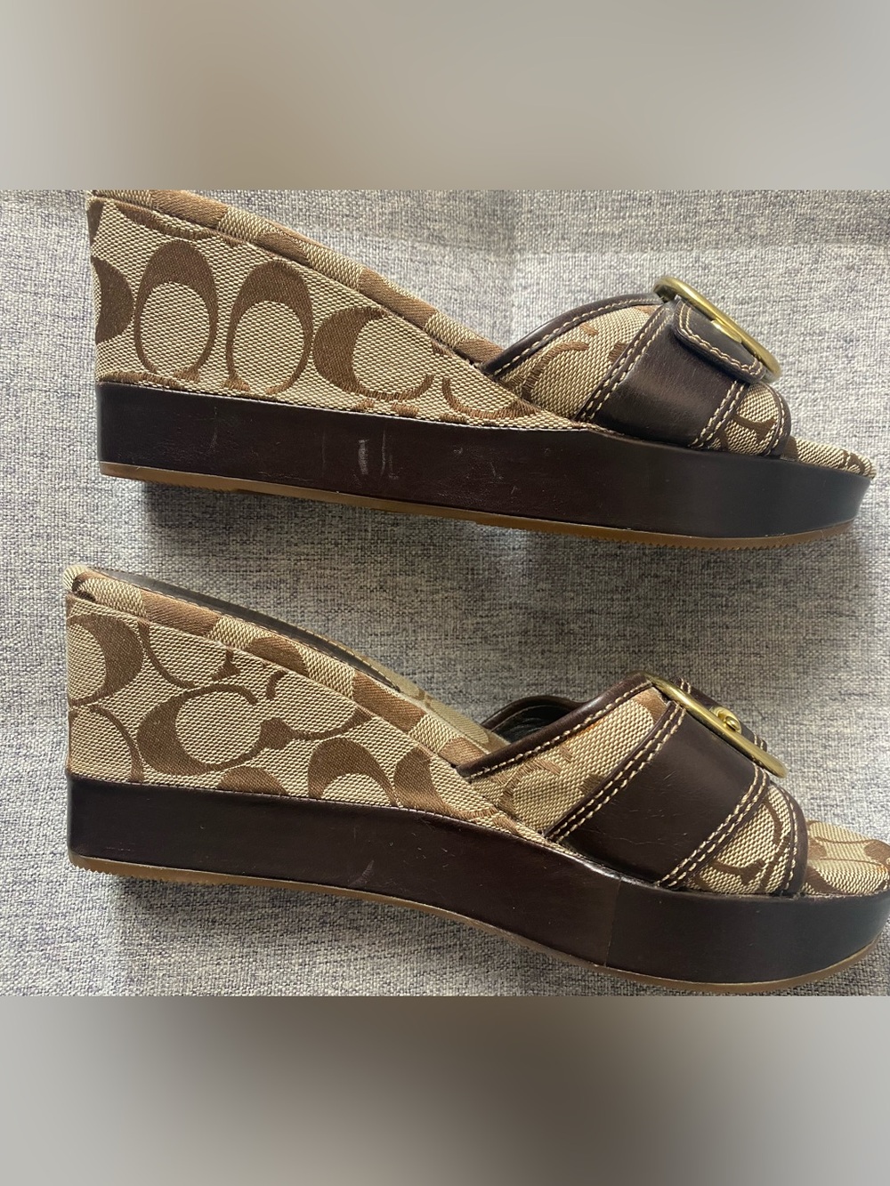 Coach Greta Brown Y2K Luxe Signature Brown Leather Slide Sandals Gold Buckle 7 - Picture 10 of 12